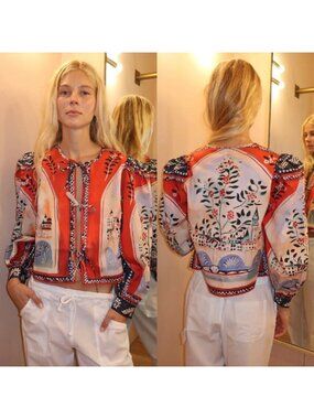 NWT Hunter Bell Katie Coastal Village Print Balloon Sleeves Top Red Size: Medium